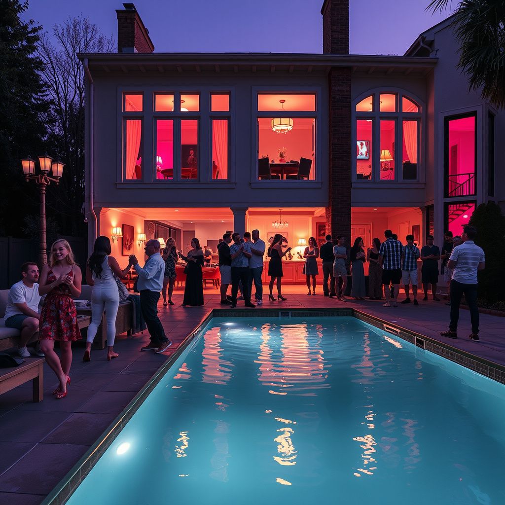 Surreal dream scene, cinematic and atmospheric, digital art: A vibrant and lively mansion party with large windows, elegant interiors, a joyful crowd relaxing and celebrating together, with a luxurious pool and fun atmosphere under soft evening lighting.
