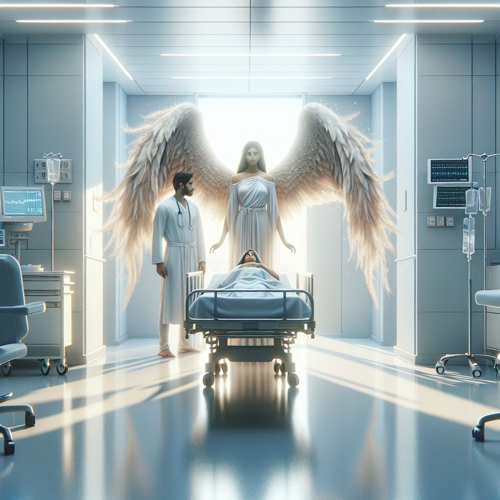 Digital art 4k scene from a movie: An angel and a guardian angel standing at the bedside of a patient in a hospital room.