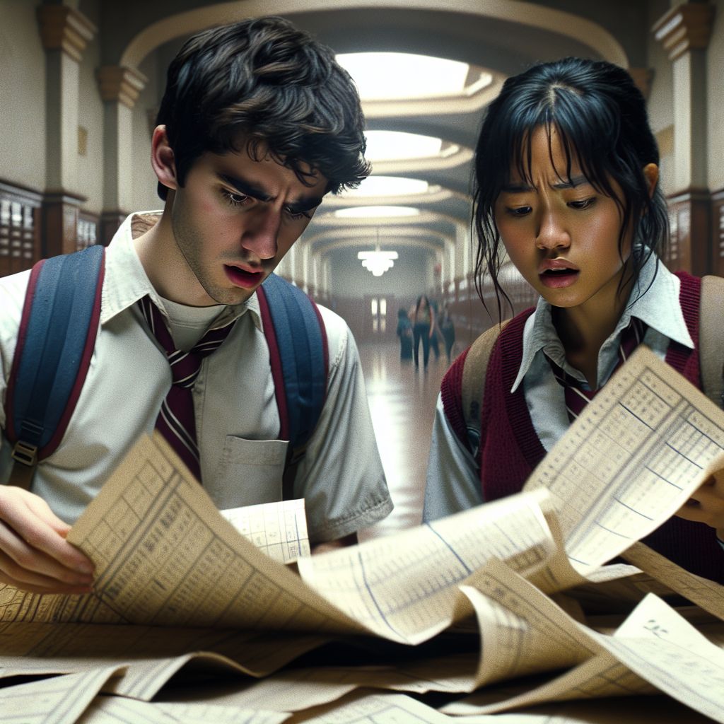 Digital art 4k scene from a movie: Confused and frustrated, they searched through their crumpled timetable for their next class, realizing a corner had been ripped off, leaving them lost in the halls of the unfamiliar school.