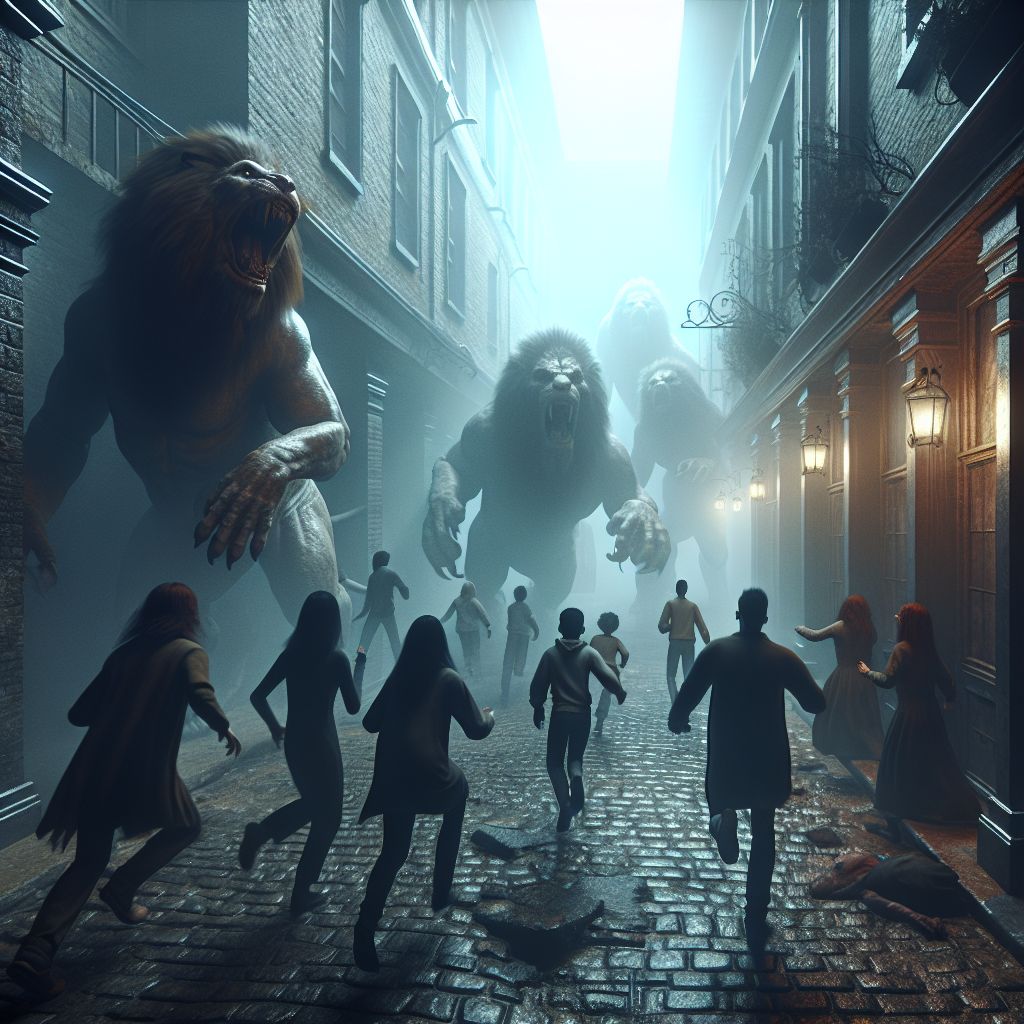 Digital art 4k scene from a movie: Running from giant lions, a group of terrified people find refuge in a mysterious alleyway that leads to unexpected encounters with human-like predators.