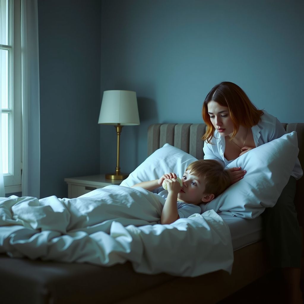 Surreal dream scene, cinematic and atmospheric, digital art: An anxious mother gently checks on her child in a softly lit bedroom at night, catching them eating white gummy candy in bed, with a warm but concerned expression.