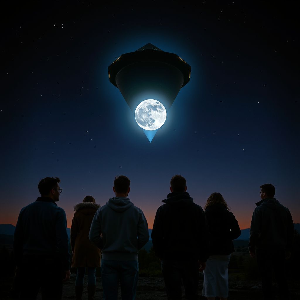 Surreal dream scene, cinematic and atmospheric, digital art: A group of seven people watch in awe as a giant translucent triangular UFO gently carries the waxing gibbous moon across a dark night sky, creating a surreal and mesmerizing scene.