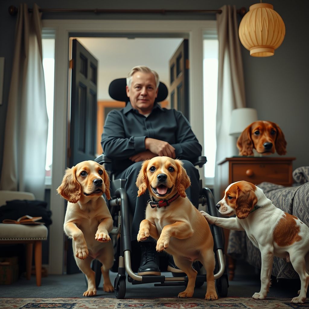 Surreal dream scene, cinematic and atmospheric, digital art: A man in a high-tech wheelchair enters a cozy bedroom where three adorable cocker spaniel puppies—a lively blonde one, a curious pink one, and a cuddly darker brown one—interact playfully with the people around them.