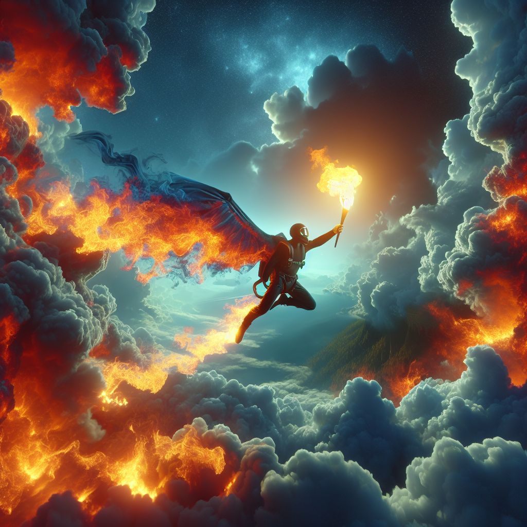 Digital art 4k scene from a movie: Generate an image of a person skydiving through the clouds, holding a flaming torch and preparing to light themselves on fire as they fall towards the ground in an act of justice and redemption.