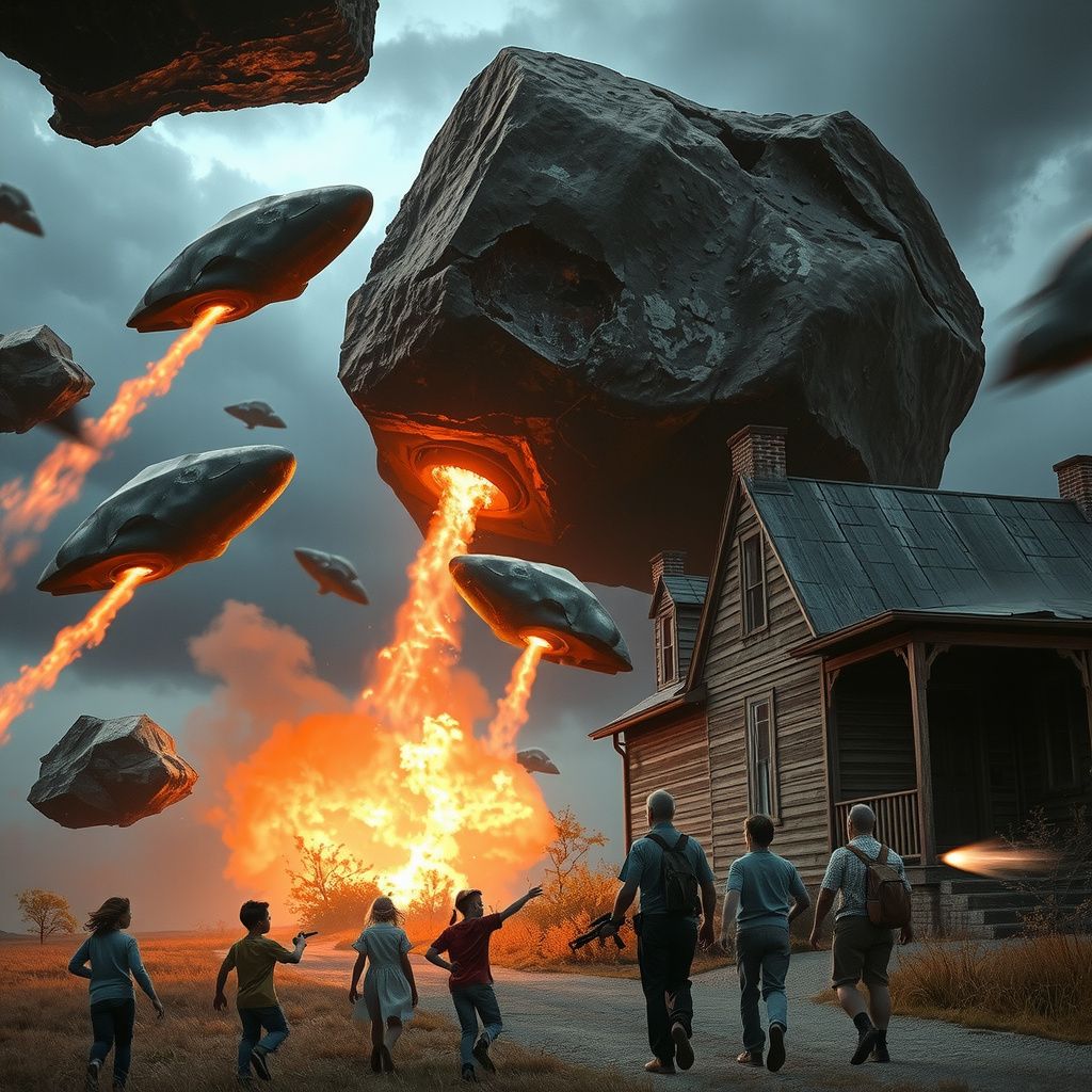 Surreal dream scene, cinematic and atmospheric, digital art: A tense scene outside an old farmhouse showing a group of people and children witnessing enormous rock-like slabs falling from the sky and alien ships firing red energy blasts, with some rushing into the house and others defending with makeshift weapons against unusual alien creatures.