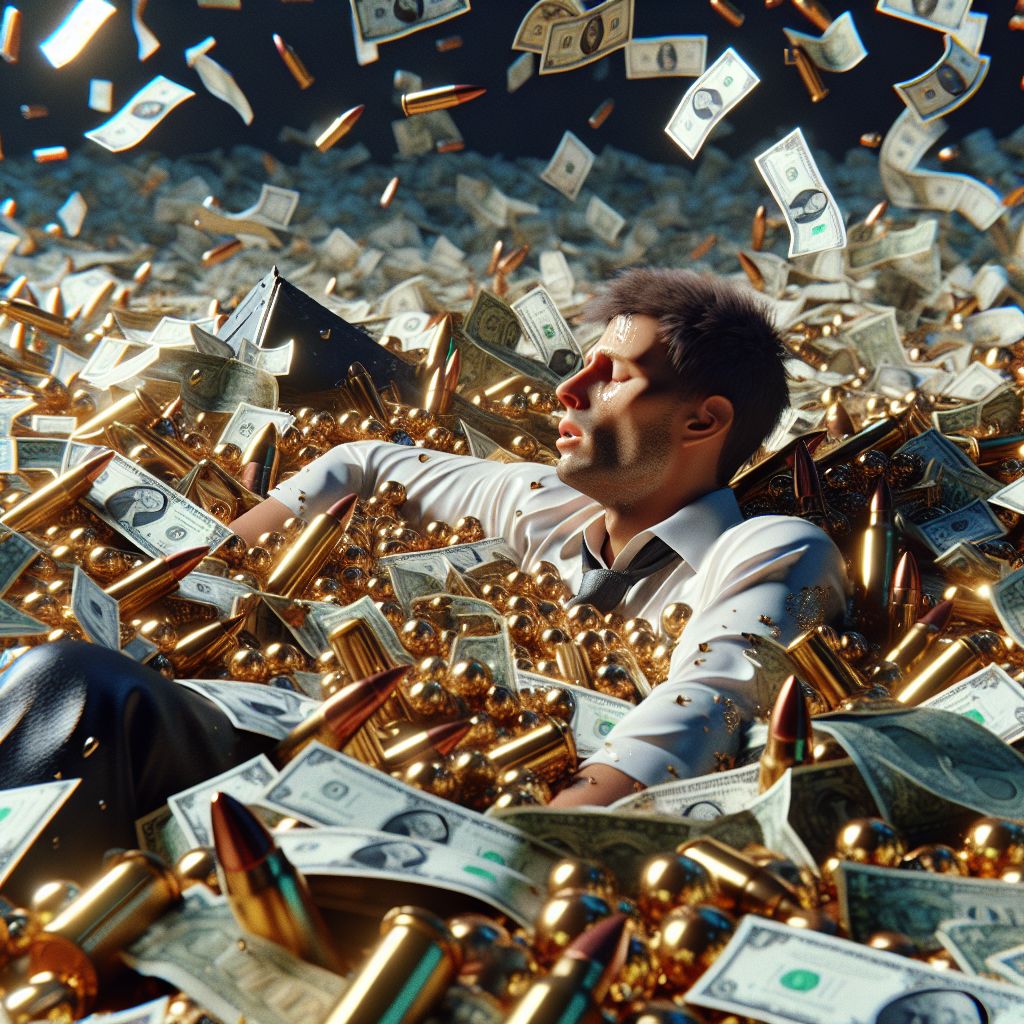 Digital art 4k scene from a movie: In the chaotic aftermath of the wrecking ball collision, the protagonist finds themselves drowning in a sea of money rather than water, surrounded by glittering gold bullets and mysterious treasures.