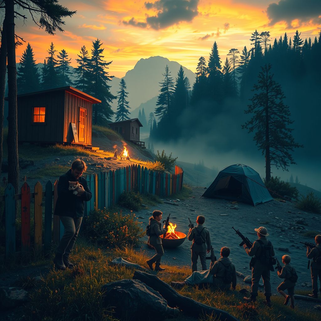 Surreal dream scene, cinematic and atmospheric, digital art: A surreal camping scene on a mysterious island where a person holds a sleeping cat while climbing colorful fences near abandoned houses, with scattered children and scouts playing by a forest, and ominous figures armed with guns in the distance, all under a dreamy twilight sky.