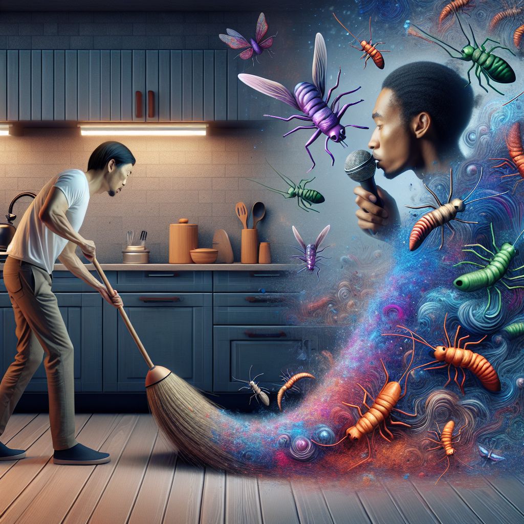 Surreal dream scene, cinematic and atmospheric, digital art: A surreal kitchen scene where a person frantically sweeps a parade of colorful insects while having an intense, heartfelt conversation with a young woman’s voice coming from a vent beneath the cupboard, blending elements of realism and dreamlike atmosphere.