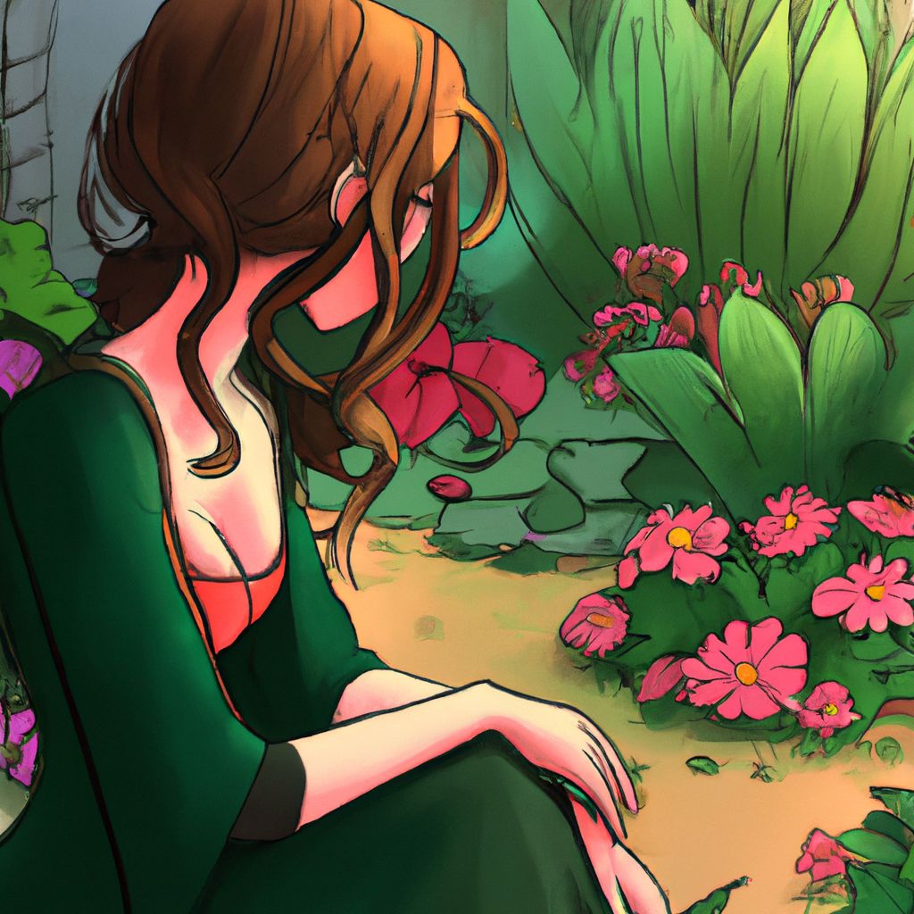 Digital art, After experiencing a series of unsettling dreams involving her boyfriend and her biological father, where they both repeatedly used racial slurs, she seeks solace and clarity by sitting alone in a serene garden, surrounded by vibrant flowers and gentle sunlight.
