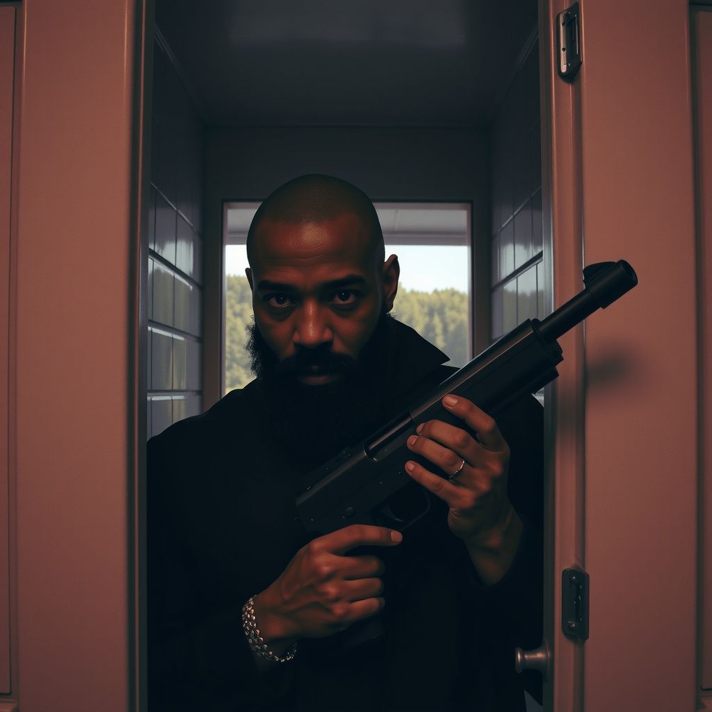 Surreal dream scene, cinematic and atmospheric, digital art: A tense scene of a black bald-headed man with a thick beard hiding cautiously in a gas station bathroom stall near a woodsy area, holding a long gun discreetly as he waits quietly, with subtle sounds and shadows hinting at an approaching threat.