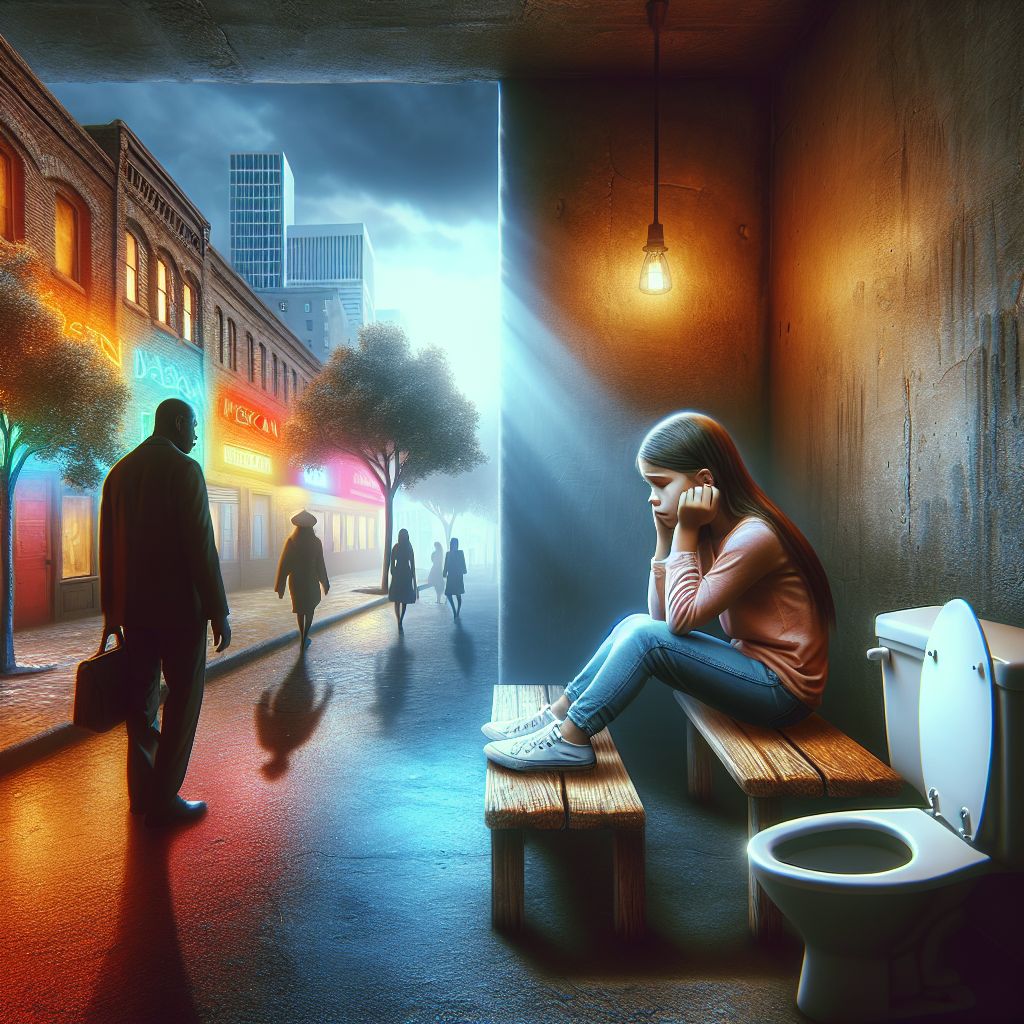 Surreal dream scene, cinematic and atmospheric, digital art: A distressed little girl sitting alone at a colorful Mexican restaurant table on a lively college campus, with a concerned adult nearby, and a simple, dimly lit concrete bathroom with a single toilet in the background.