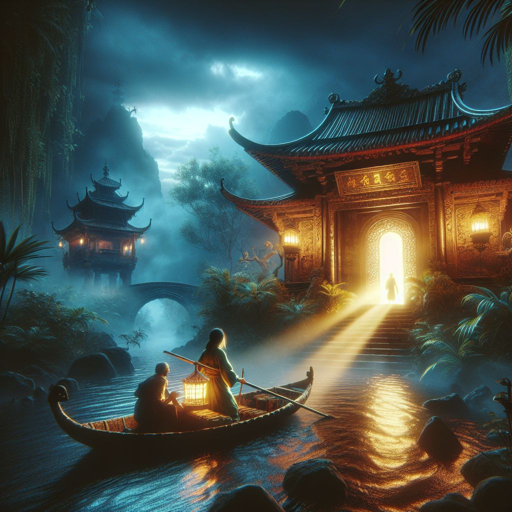 Digital art 4k scene from a movie: In an ancient haunted temple, a figure finds themselves in a small boat floating towards a doorway of light, encountering traps and danger along the way, until a friend comes to their rescue and they escape together.