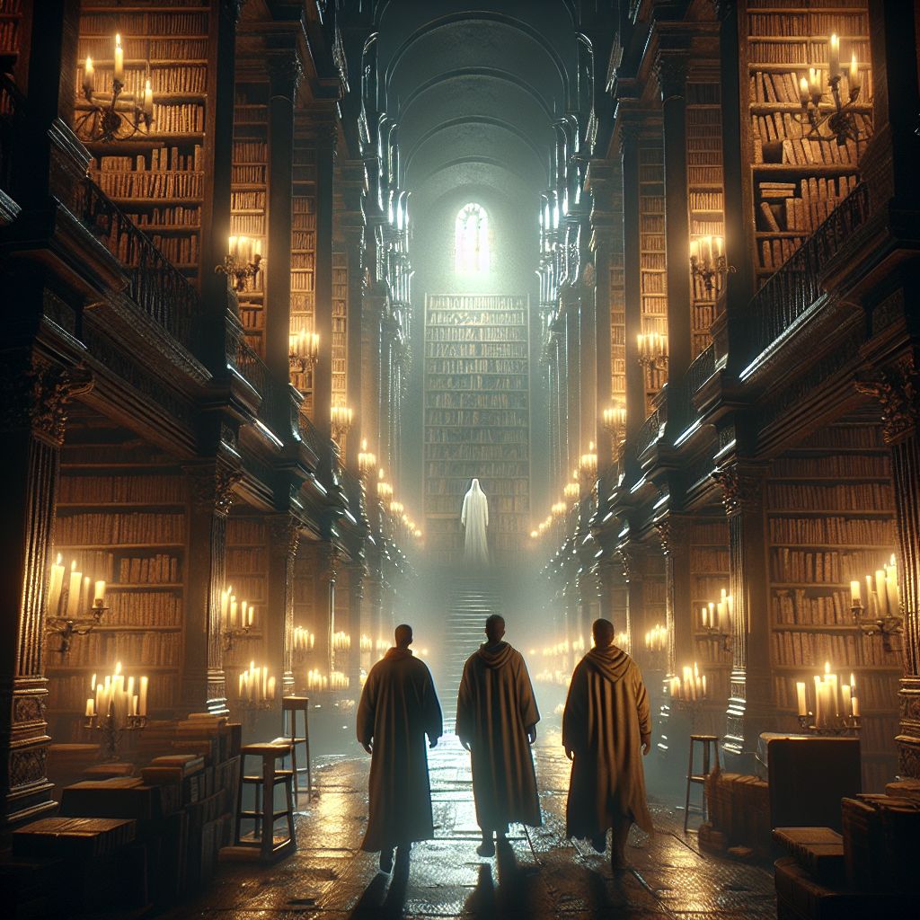 Digital art 4k scene from a movie: Three ghost hunters exploring a grand library hear a faint sneeze and whisper 'bless you,' only to receive a polite 'thank you' in response as they burst out laughing and leave.