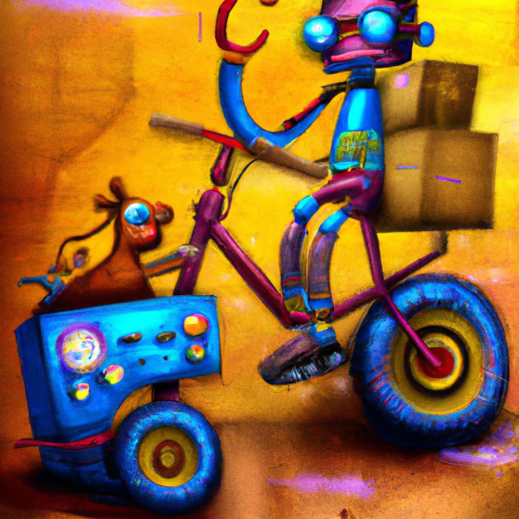 Digital art, He is packing his teeny tiny bicycle and a hovering robot, getting ready to embark on an adventurous journey across the country!