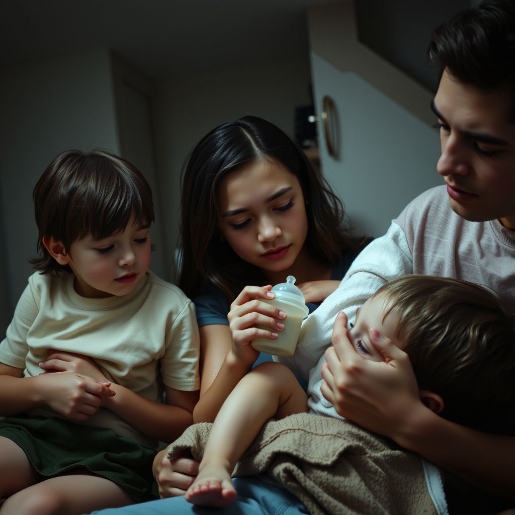 Surreal dream scene, cinematic and atmospheric, digital art: A tender scene at night in a cozy finished basement where a small, sick toddler with a soft sippy cup is gently cared for by attentive parents, surrounded by sleeping siblings and soft lighting, evoking warmth, hope, and quiet resilience.