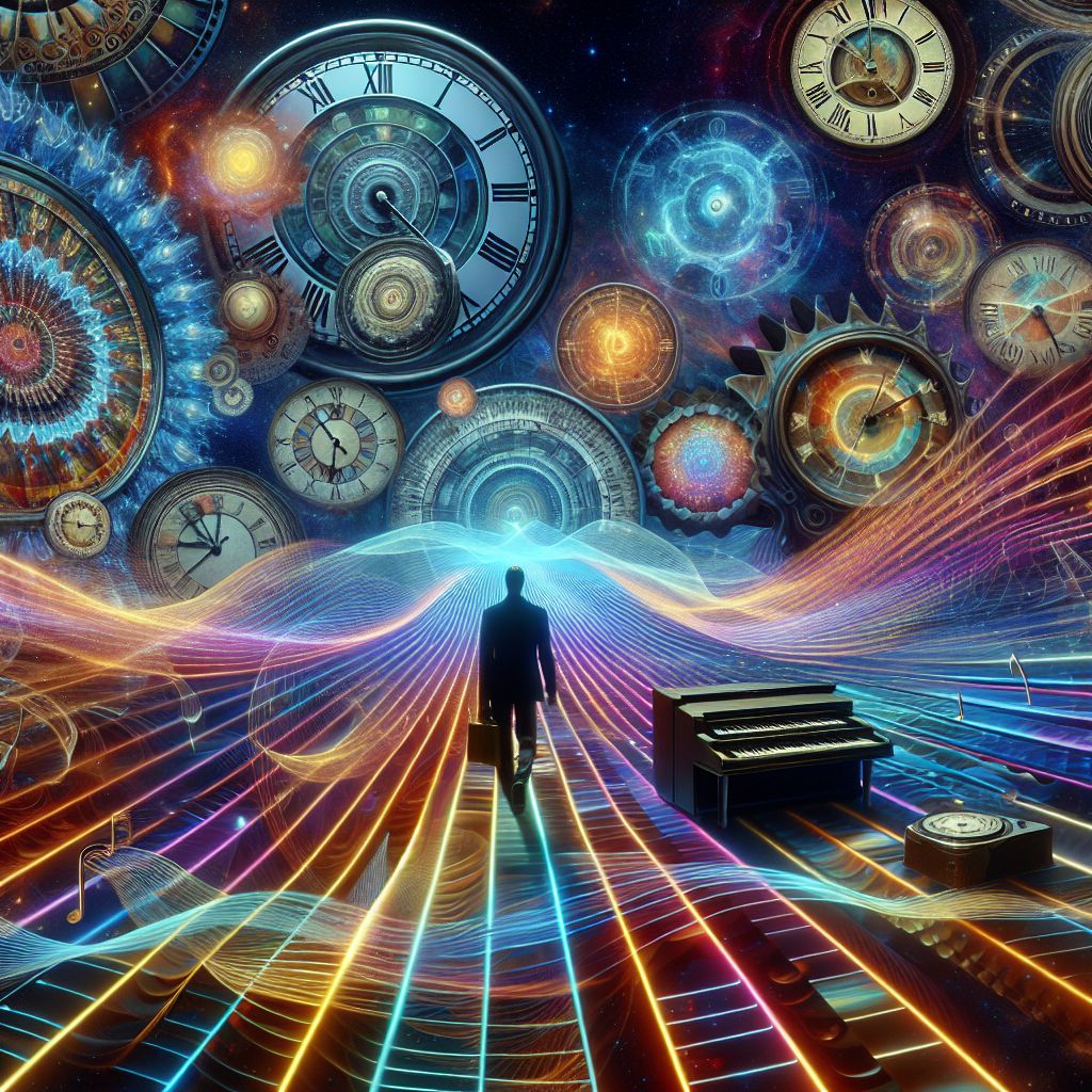 Surreal dream scene, cinematic and atmospheric, digital art: A person experiencing a surreal journey through time by traveling across vibrant live music concerts featuring musicians from different eras, surrounded by colorful sound waves and glowing clocks.
