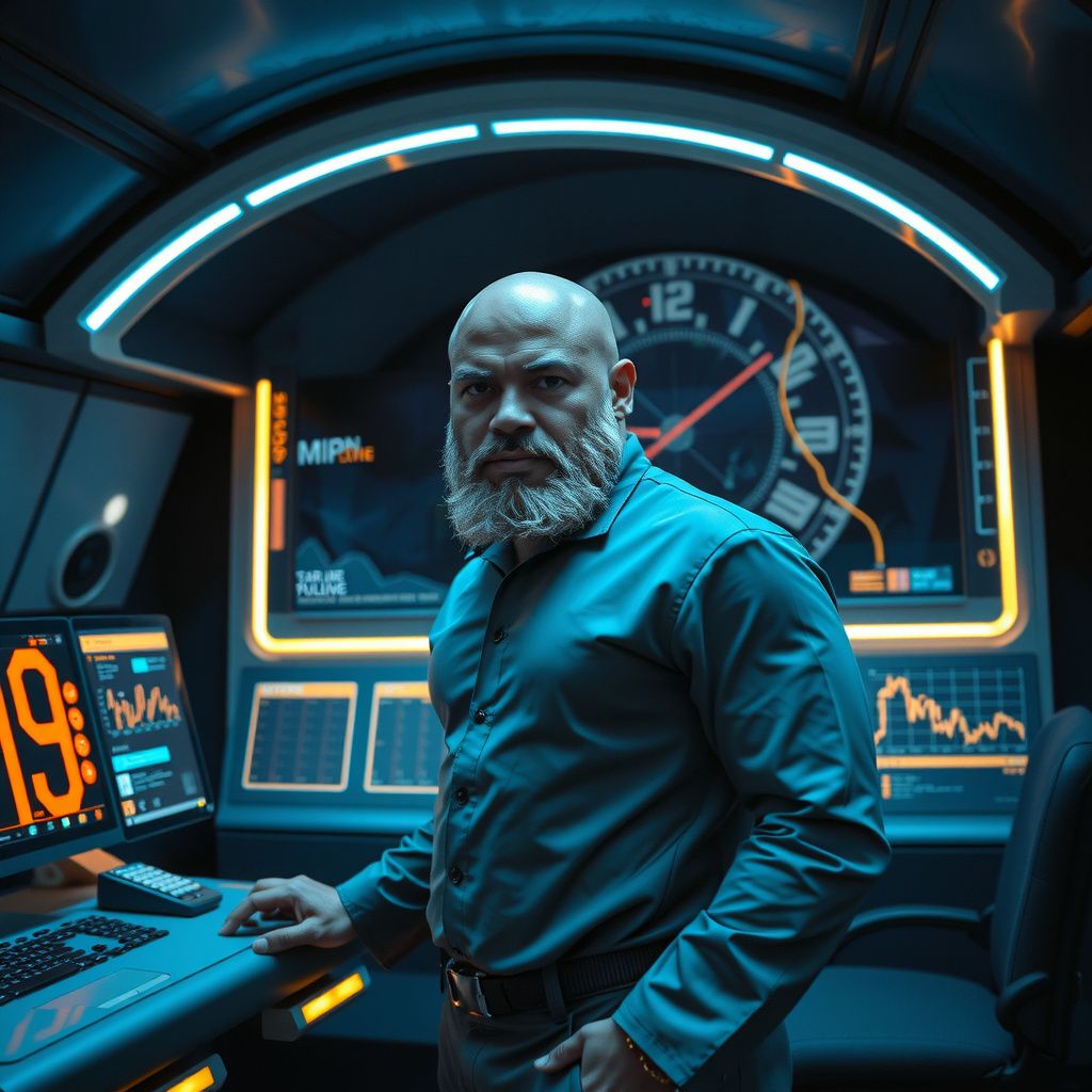 Surreal dream scene, cinematic and atmospheric, digital art: A black bald-headed man with a thick beard, dressed as a futuristic agent, confidently stands in a sleek time-travel control room, surrounded by glowing holographic screens displaying complex timelines and mission data.