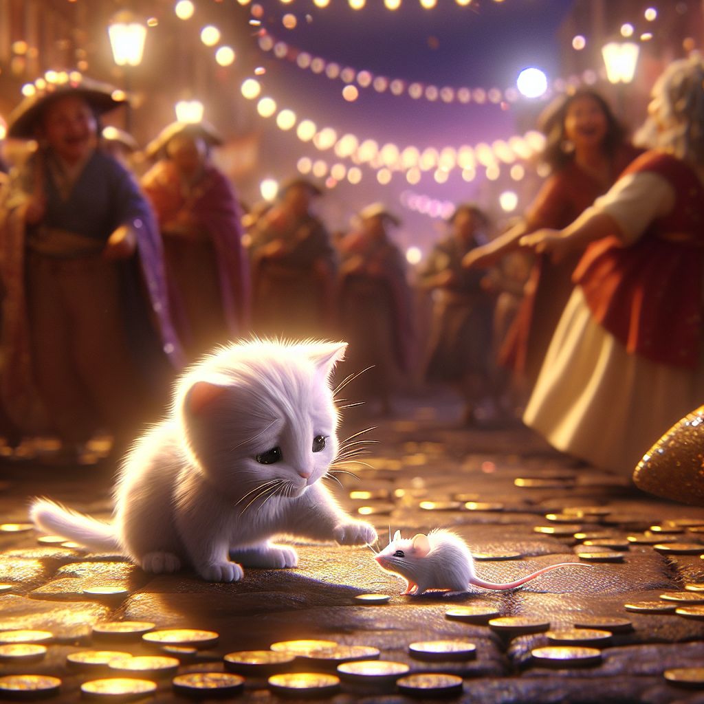 Digital art 4k scene from a movie: Dall-e, generate an image of a cute white kitty feeding on a tiny white mouse in the presence of a small parade and scattered coins.