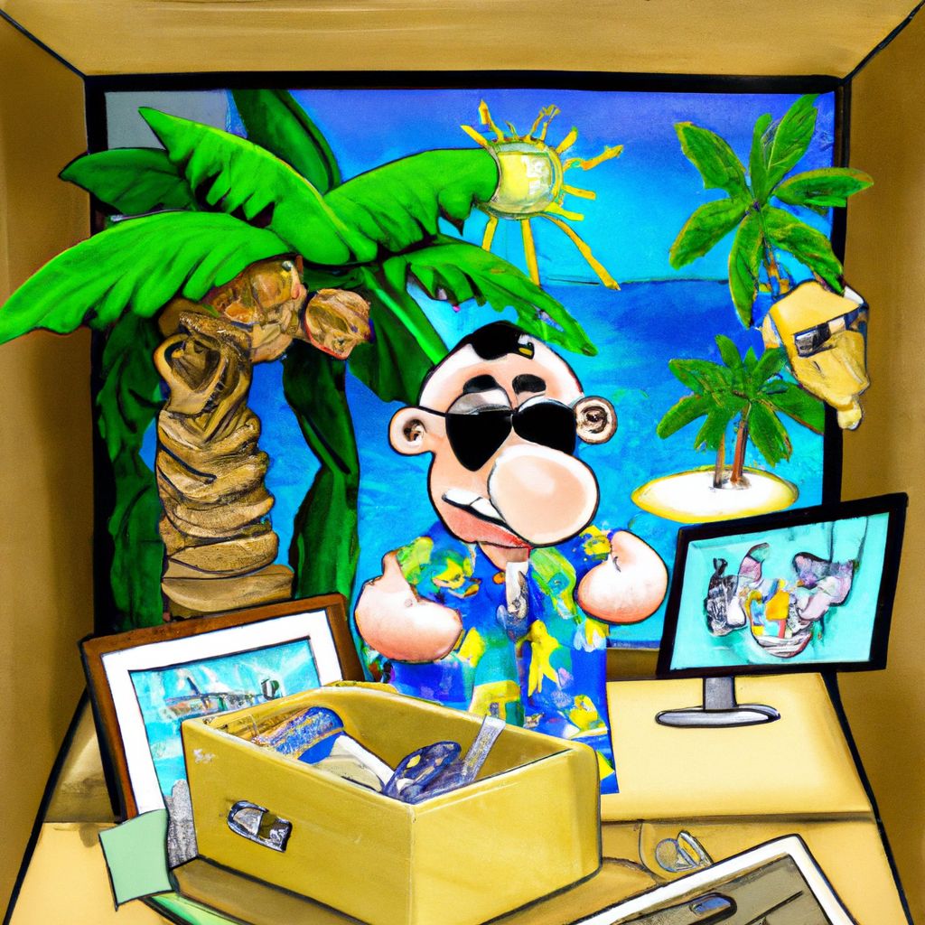 Digital art, As she searches through a disorganized desk drawer, she comes across a photo of Gary on vacation in Hawaii, prompting her to imagine Gary relaxing on a sunny beach surrounded by palm trees and crystal-clear water.