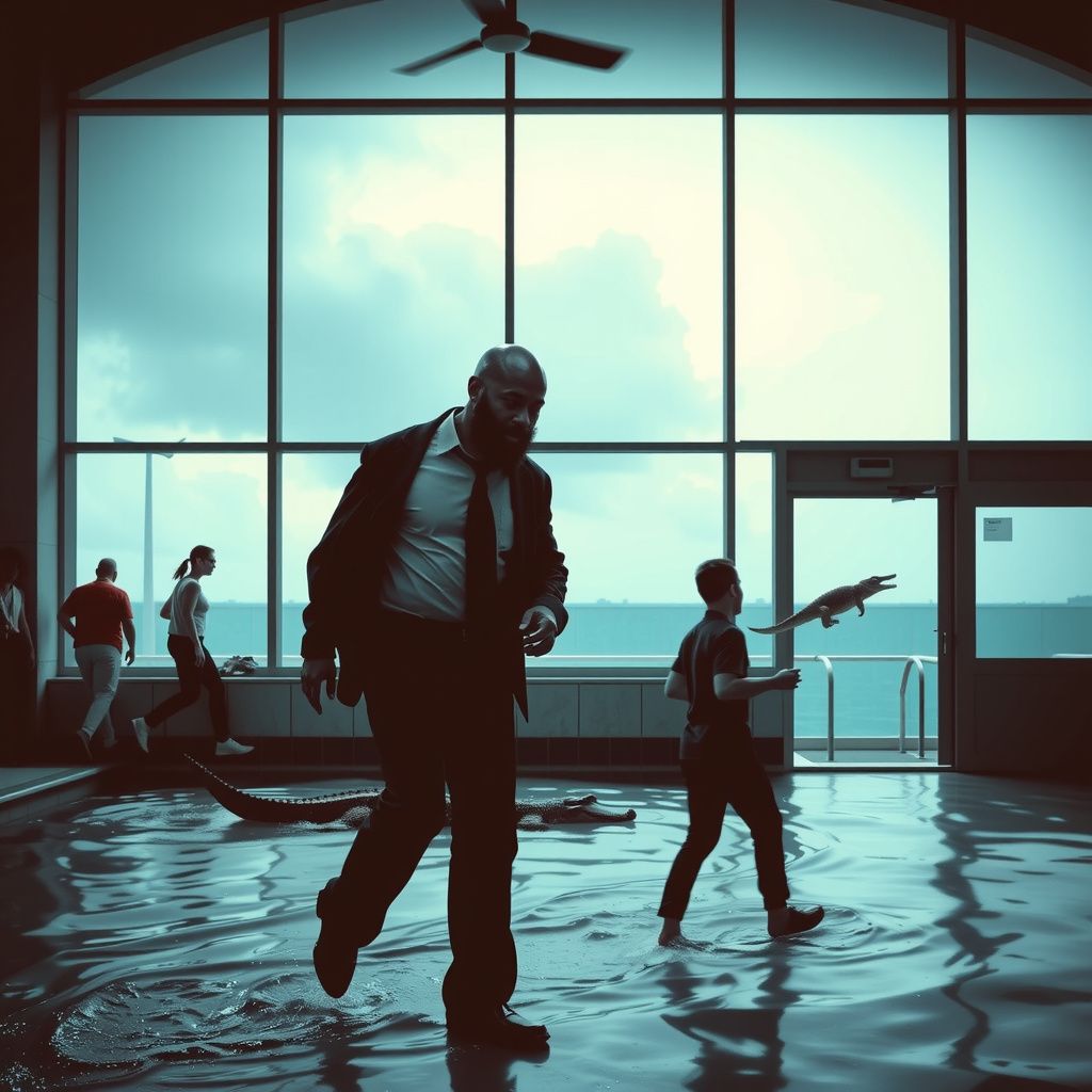 Surreal dream scene, cinematic and atmospheric, digital art: A scene at a public swimming pool where people stand cautiously on window ledges trying to escape as crocodiles swim in the water, while others run through the pool area, with a bald black man with a beard carefully moving toward the exit door.