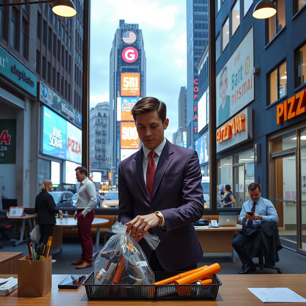 Surreal dream scene, cinematic and atmospheric, digital art: A person starting a new blue-collar job near Times Square, wearing a plum purple business suit, organizing tools in clear plastic bags with fading marker labels, surrounded by friendly colleagues and a kind boss, set in a bright, modern workspace with diverse office areas and a bustling nearby pizzeria offering customized gluten-free pizza options.