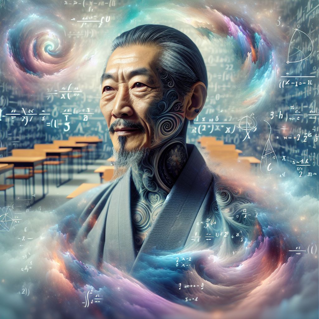 Surreal dream scene, cinematic and atmospheric, digital art: A wise, sleek Asian sensei with a cool neck tattoo grins playfully as he morphs through ages from youthful to ancient vitality, teaching mindfulness and effortless flow in an intimidating mathematics classroom filled with swirling equations and soft glowing light.