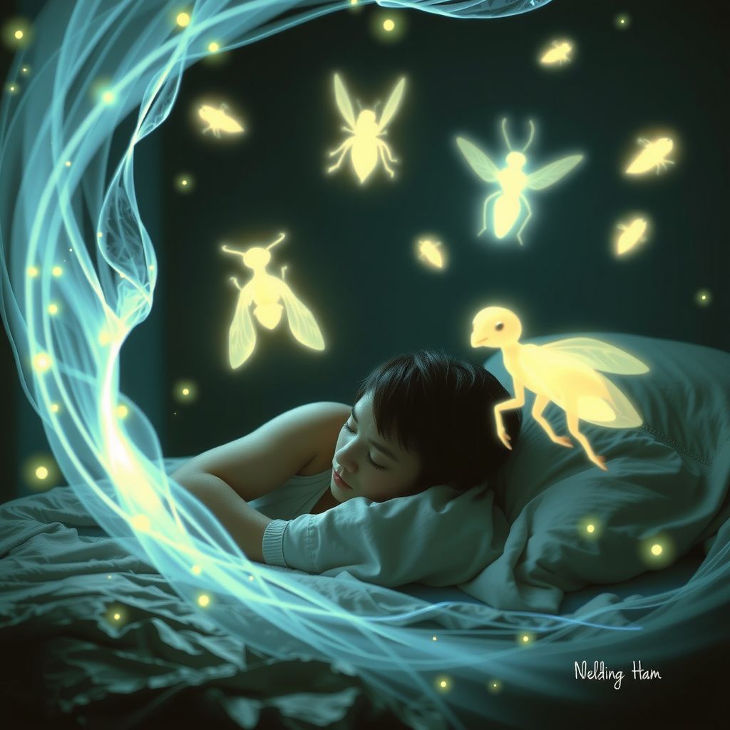 Surreal dream scene, cinematic and atmospheric, digital art: A surreal scene depicting a person lying awake in the dark with glowing ethereal humanoid and insectoid beings swirling around them, bathed in cosmic light and pulsating energy waves, symbolizing a profound astral and spiritual awakening.