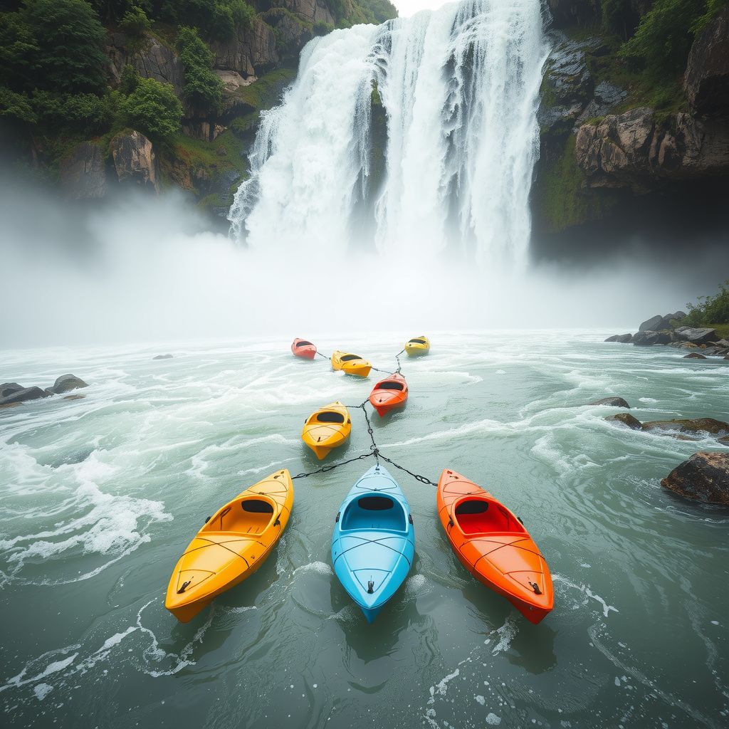Surreal dream scene, cinematic and atmospheric, digital art: A group of colorful kayaks connected in a chain rapidly navigating turbulent white-water rapids, approaching a gigantic cartoonish waterfall as the kayaks begin to separate mid-fall.
