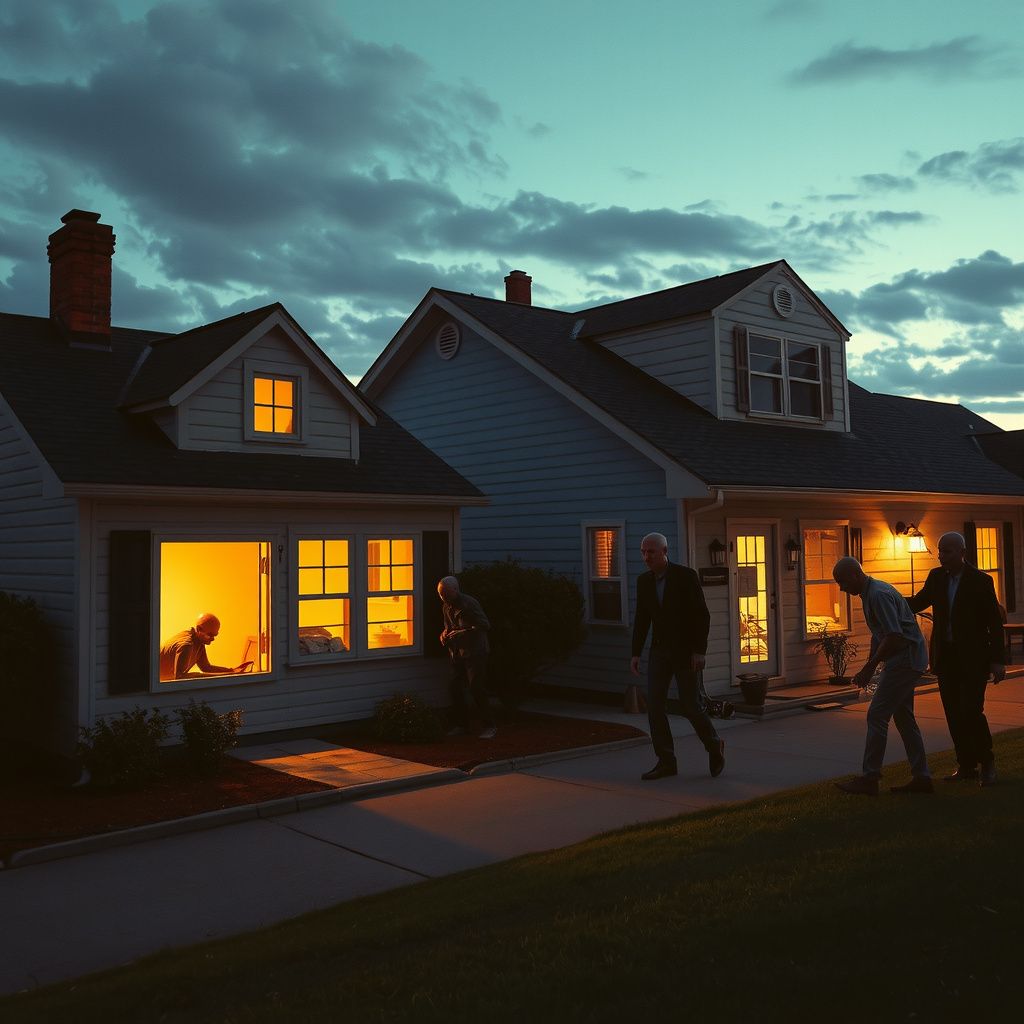 Surreal dream scene, cinematic and atmospheric, digital art: A tense scene of human-like, pale-skinned, bald aliens invading a quiet neighborhood at dusk, with frightened people hiding inside their houses and one person gently restraining a friend who appears to be under alien influence, surrounded by an eerie but calm atmosphere.