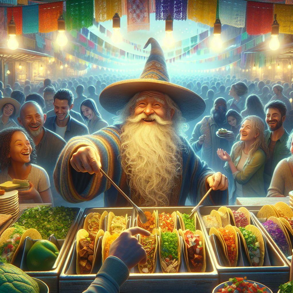 Surreal dream scene, cinematic and atmospheric, digital art: A wise wizard resembling Dumbledore joyfully preparing tacos at a bustling taco stand with colorful ingredients, surrounded by cheerful customers in a lively, festive atmosphere.