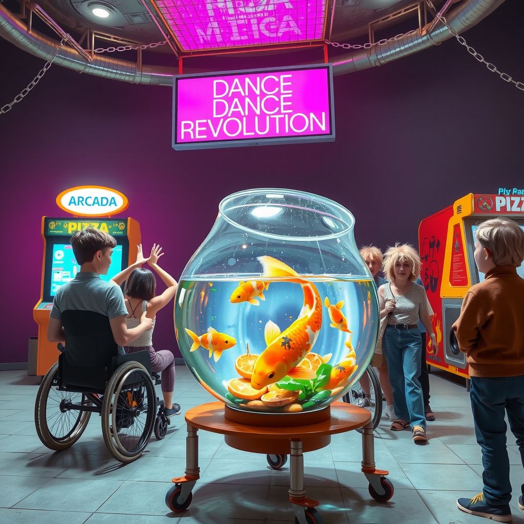 Surreal dream scene, cinematic and atmospheric, digital art: A lively arcade scene where two friends celebrate winning a Dance Dance Revolution prize, a large koi fish bowl on a rolling cart tips over but the glass remains intact, and characters including people in wheelchairs, a pizza area, and a quirky group with frosted hair share the setting in vibrant detail.
