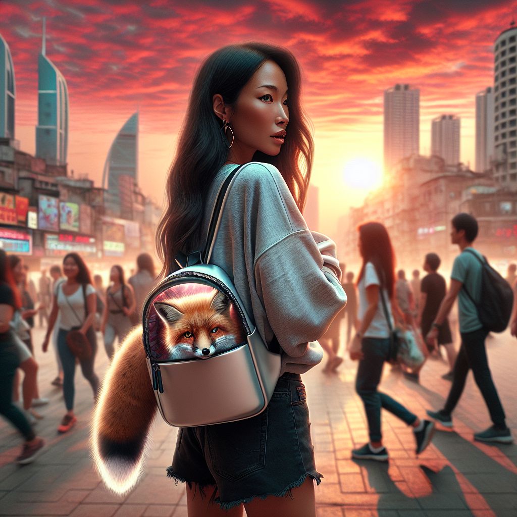 Digital art 4k scene from a movie: As the sun began to set, a young woman walked through a bustling city with a sleek, fluffy fox peeking out of a backpack she had on, catching the curious eyes of passersby.