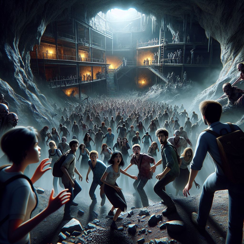 Digital art 4k scene from a movie: A group of students embark on what they believe to be a school trip, only to find themselves trapped in a dark mine filled with zombies.