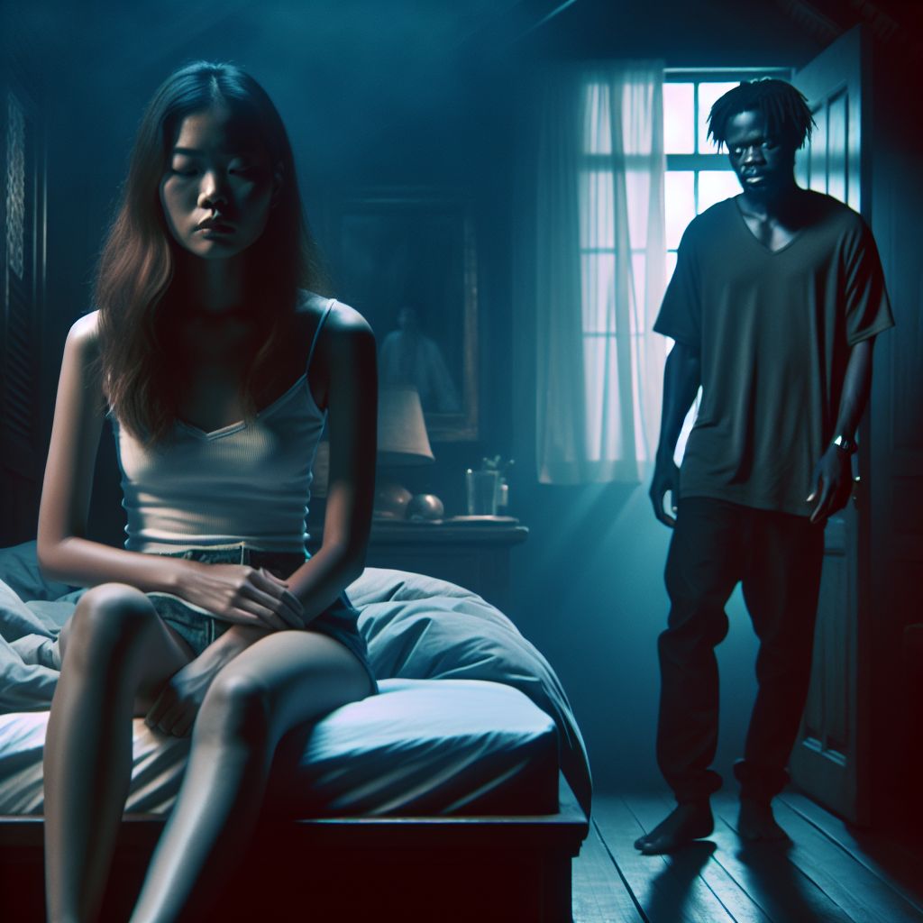 Surreal dream scene, cinematic and atmospheric, digital art: An emotionally complex scene showing two friends in a quiet, dimly lit house, with one friend sitting shyly on a bed while the other stands nearby looking conflicted and remorseful.