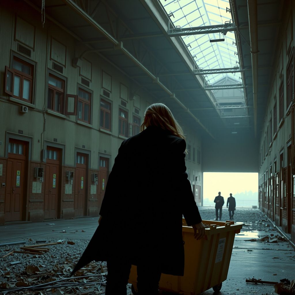 Surreal dream scene, cinematic and atmospheric, digital art: A tense scene inside a sprawling building filled with countless red doors, where a woman limps urgently while glancing over her shoulder, escaping through a broken window onto a dumpster at dusk, evoking a surreal and suspenseful atmosphere.