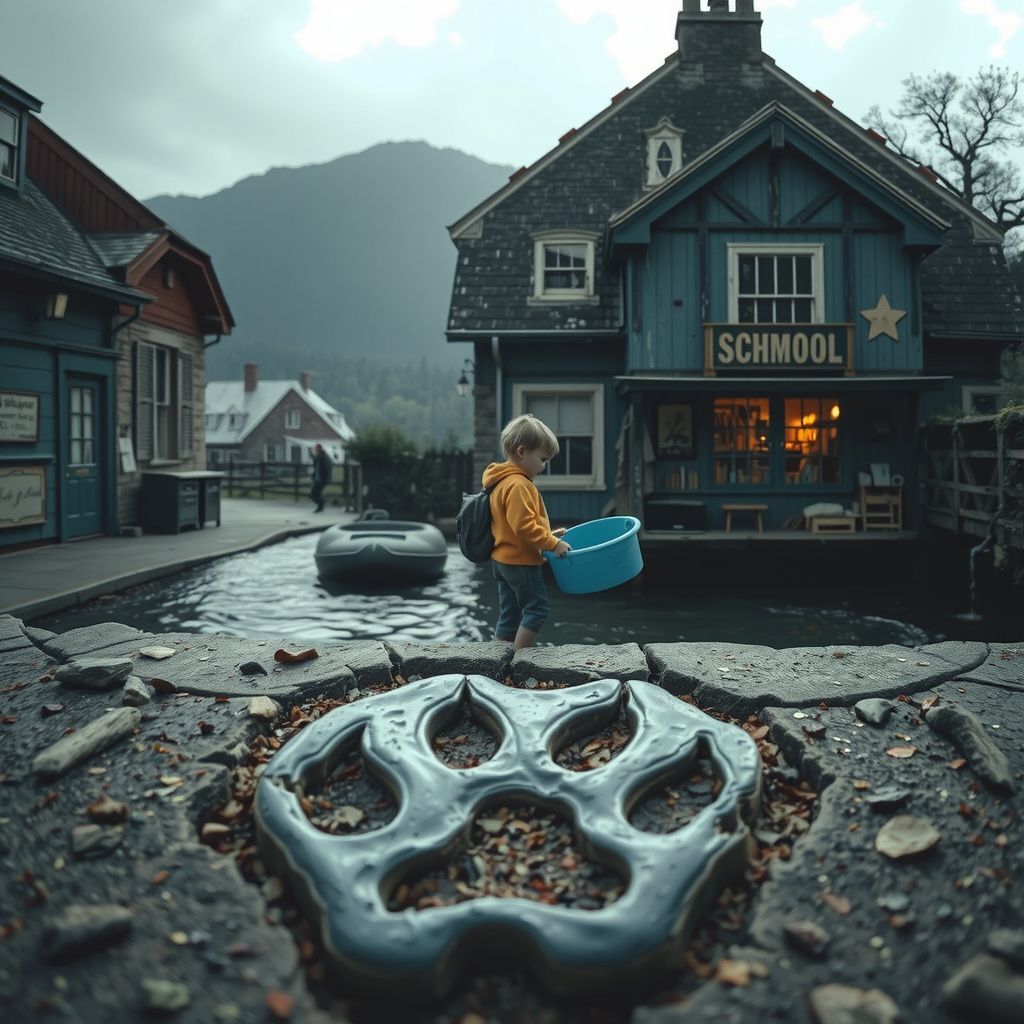Surreal dream scene, cinematic and atmospheric, digital art: A nostalgic scene of two friends exploring an old village, visiting a quaint local shop filled with vintage items, and then carrying a blue bin to a stream to float upstream in waterproof boots, culminating at a weathered, cliff-edge school building with a large broken paw print imprint on a concrete step, evoking memories and warmth.
