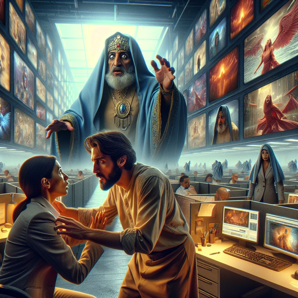 Surreal dream scene, cinematic and atmospheric, digital art: A stressed office worker anxiously pleads with a stern male boss in a tense workplace scene, surrounded by digital screens showing fantasy movie files, while a frustrated female boss watches nearby, capturing a moment of workplace conflict and fear of losing a toxic job.