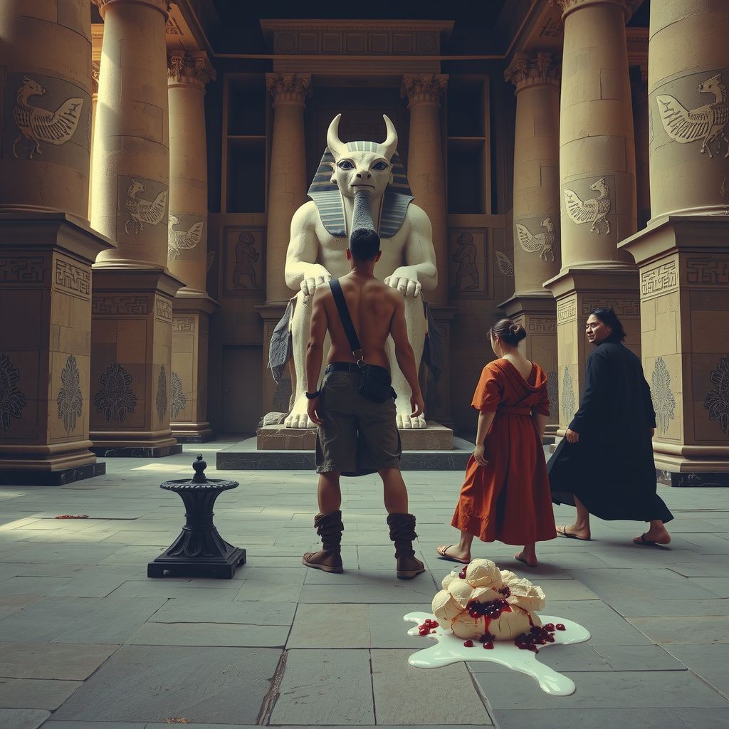 Surreal dream scene, cinematic and atmospheric, digital art: A surreal scene of an ancient Egyptian temple where a stoic man with amputated feet, dressed as a manual laborer and accepting his fate as a divine sacrifice, stands peacefully before a majestic male god with an animal head, while a visitor in ancient robes hastily turns to leave in fear, with lush cherry and vanilla ice cream delicately melting nearby.