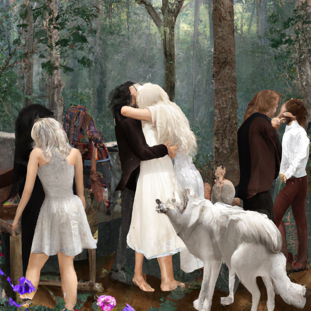 Digital art, Dall-E, generate an image of a birthday party in the woods where everyone is dyeing their hair in a large bathroom and James is tenderly kissing someone, while a white wolf growls outside.