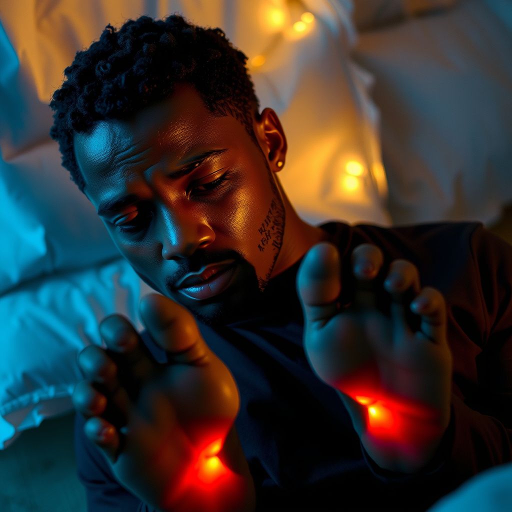 Surreal dream scene, cinematic and atmospheric, digital art: A thoughtful portrait of a black man gently looking down at the soles of his feet, which have artistic, glowing patterns symbolizing sores, set against a soft, dreamlike background.