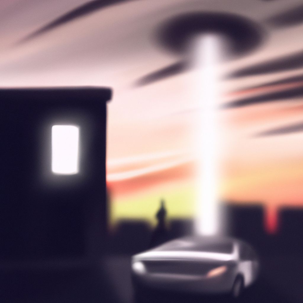 Digital art, A terrified person driving through a suburban neighborhood after sunset, catches a glimpse of a UFO hovering above a house, leading to a pursuit and eventual abduction, only to find themselves in a metallic room as a glowing orb, confronted by a mysterious white figure who poses the question 'What is the meaning of it all?'