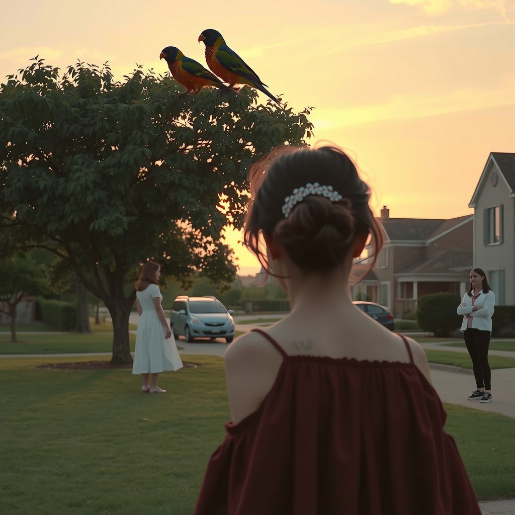 Surreal dream scene, cinematic and atmospheric, digital art: A woman standing thoughtfully in a peaceful park with colorful birds perched on a large tree above her, while two stylishly dressed girls nearby watch and talk, set against a serene suburban neighborhood at sunset.