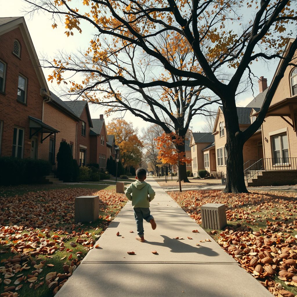Surreal dream scene, cinematic and atmospheric, digital art: A black preteen boy runs cautiously through a neighborhood filled with brick houses and yards covered in fallen pecans beneath tall pecan trees on a bright autumn day.