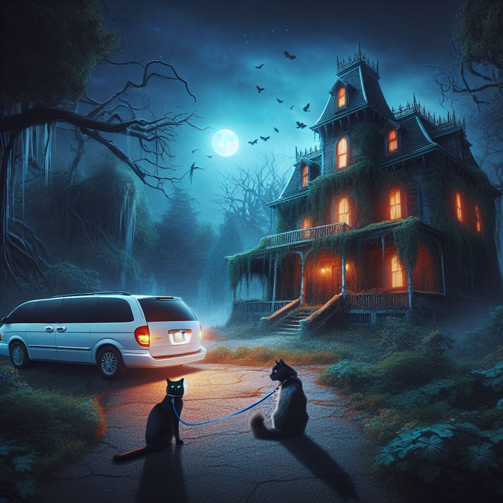 Surreal dream scene, cinematic and atmospheric, digital art: A tense nighttime scene shows a white minivan parked in front of an old, eerie haunted house with two cats, one black and one on a blue leash, narrowly escaping injury as the van slowly rolls backward along the shadowy, overgrown driveway under a gloomy, moonlit sky.