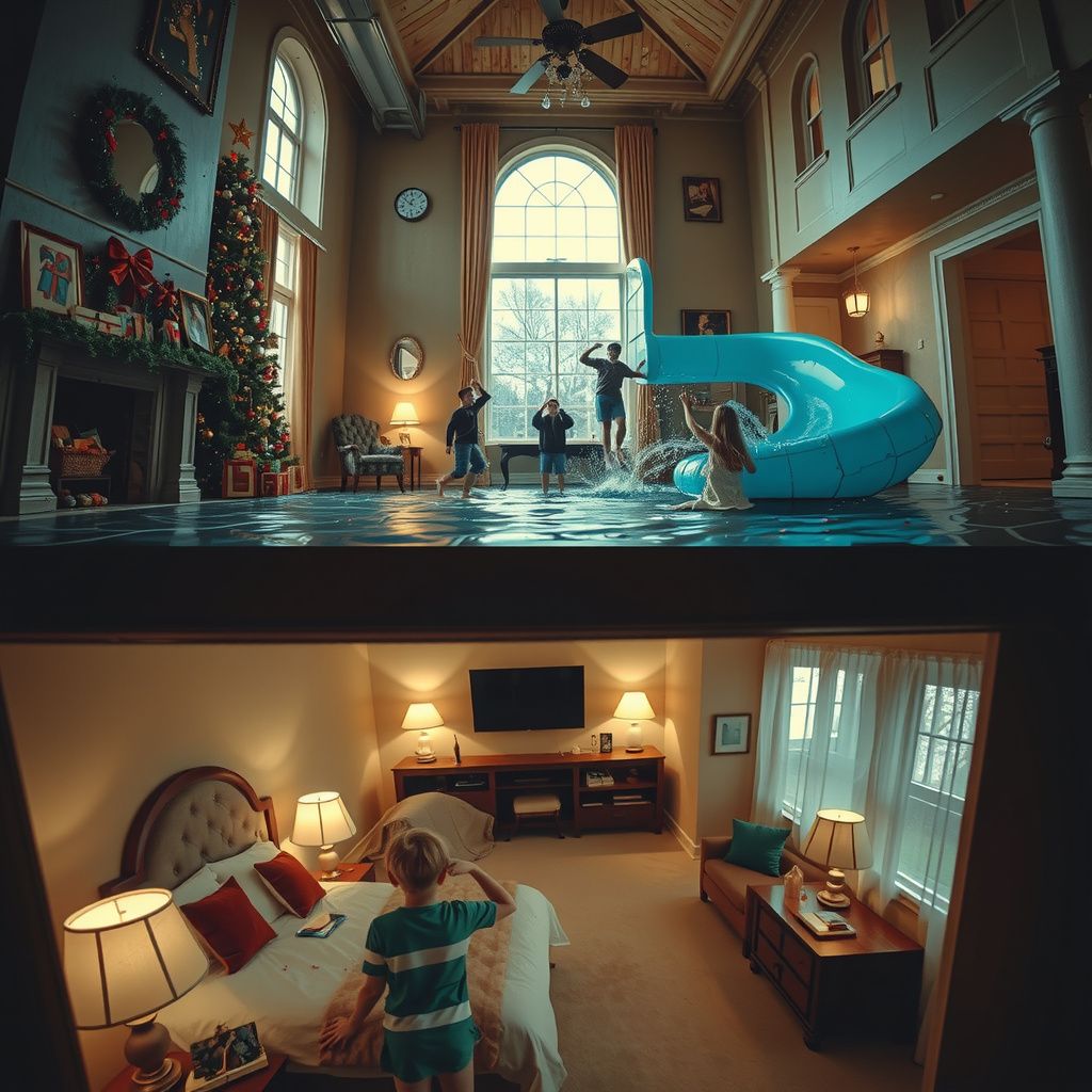 Surreal dream scene, cinematic and atmospheric, digital art: A whimsical indoor scene featuring people enjoying a giant water slide inside a house decorated with oversized Christmas presents and confetti, followed by a cozy multi-story home with a hidden spacious bedroom filled with soft carpet and warm light, capturing moments of fun and wonder.