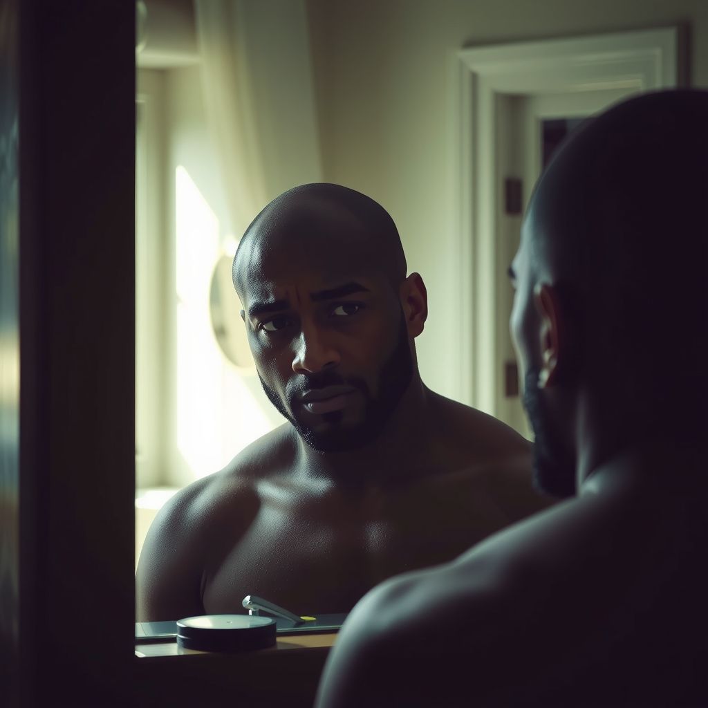 Surreal dream scene, cinematic and atmospheric, digital art: A confused black bald-headed man with a smooth, freshly shaved face stares at his reflection in a bathroom mirror, surrounded by soft morning light.