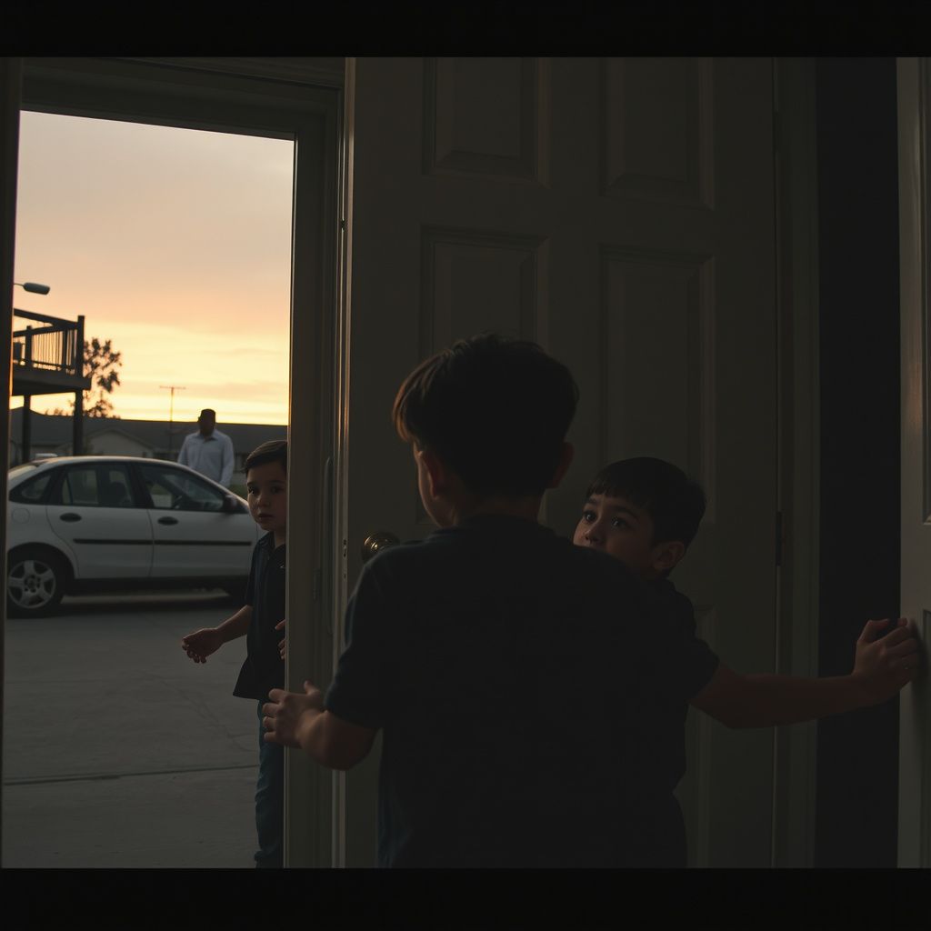 Surreal dream scene, cinematic and atmospheric, digital art: A tense scene showing a frightened person struggling to close their front door against two young Hispanic children with black hair and faintly pulsating black eyes, with an old white car and a menacing man nearby, set in a dimly lit suburban home at dusk.