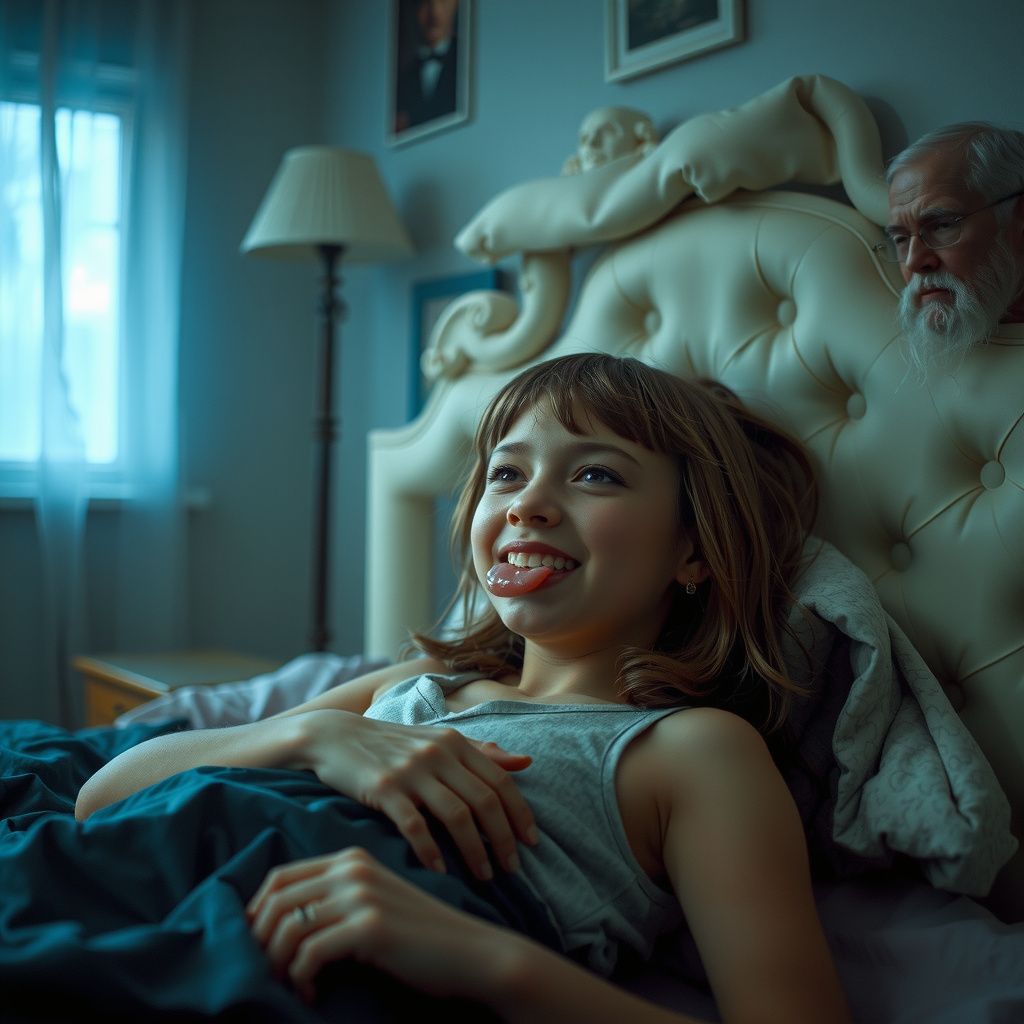 Surreal dream scene, cinematic and atmospheric, digital art: A surreal scene depicting a person lying in bed next to a cute girl named Camilla, who has a mischievous smile and long strings of translucent gum extending from her teeth, with a faint, ethereal apparition of an elderly man nearby.