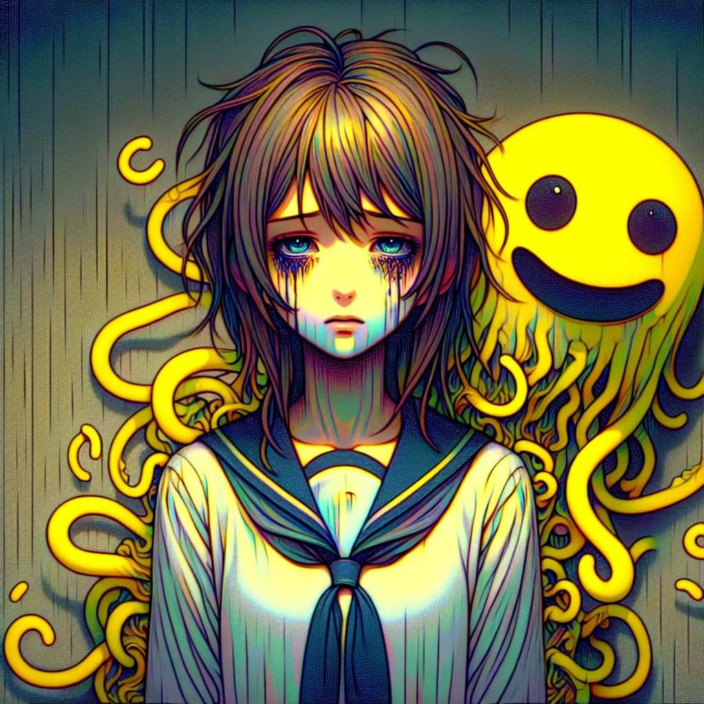 Digital art 4k scene from a movie: Elena, a young girl with messy hair and tired eyes, daydreams about confronting her obsession with an anime character named Koro-sensei.