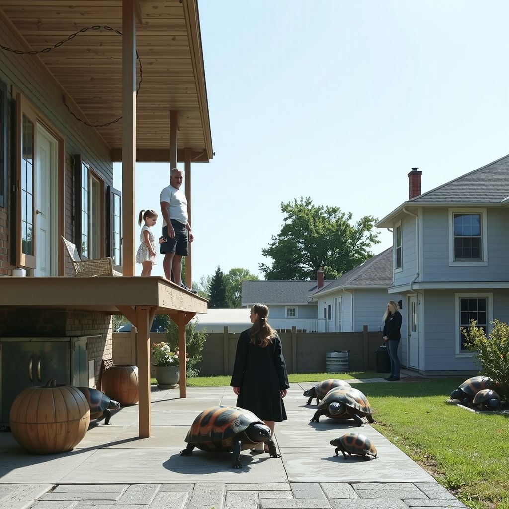 Surreal dream scene, cinematic and atmospheric, digital art: A young girl and her father stand on an expanded, multi-story balcony overlooking a spacious backyard where giant ladybugs, as large as tortoises, crawl and gather peacefully while her sisters discuss caring for them under a bright, clear sky.